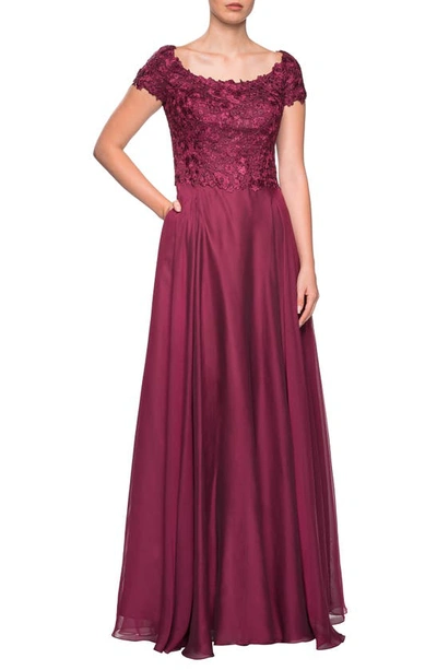 La Femme Embellished Lace & Chiffon A-line Gown In Garnet