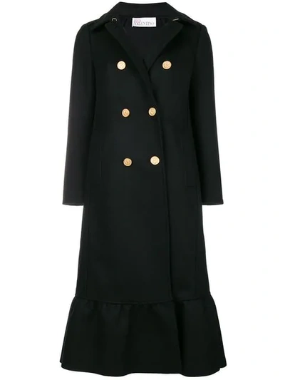 Red Valentino Ruffle Hem Double Breasted Wool Blend Coat In Black