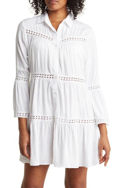 Boho Me Lace Stripe Bell Sleeve Dress In White