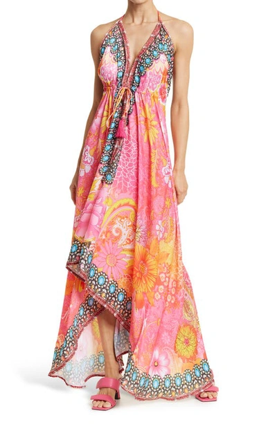 Ranee's Bright Printed Pink Palms Halter Cover-up Dress