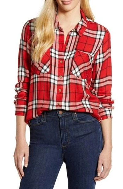 Lucky Brand Plaid Tab-sleeve Side-button Top In Red Multi
