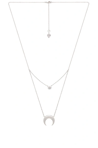 Wanderlust + Co Crescent & Star Layered Necklace In Metallic Silver.