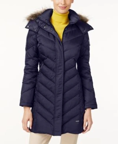 Kenneth Cole Hooded Faux-fur-trim Down Chevron Puffer Coat In Midnight