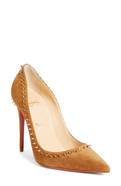Christian Louboutin Anjalina Suede Spiked Red Sole Pump In Brown Suede