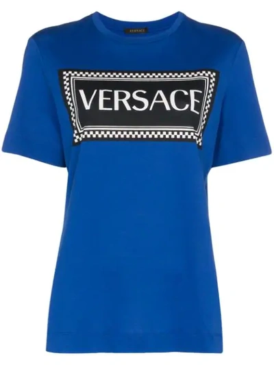 Versace Checkered Logo Print Cotton T-shirt - Blue In Royal Blue
