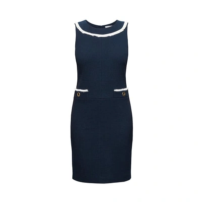 Rumour London Emilia Navy Cotton Tweed Dress With Fringed Neckline