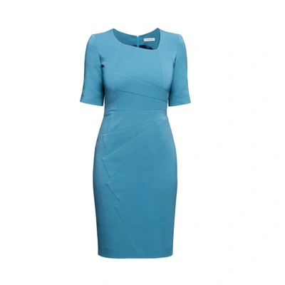 Rumour London Amelie Atlantic Blue Fitted Knee Length Dress With Asymmetrical Neckline