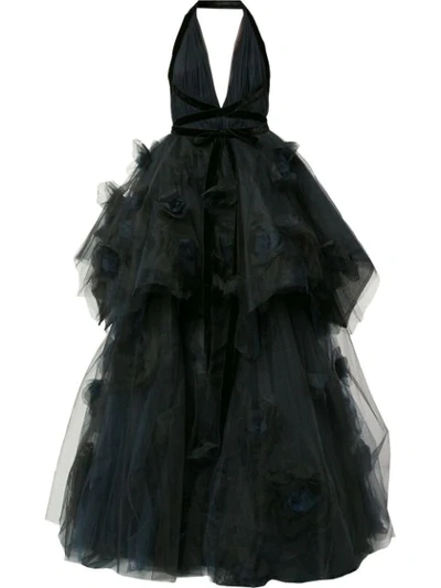 Marchesa Deep V Layered Tulle Evening Gown In Blue