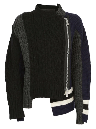 Sacai Zip-up Patch Knit Sweater - Black