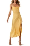 Astr Gaia Cowl Neck Satin Dress In Lemon Tart