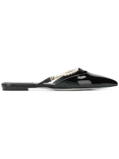 René Caovilla Pearl Embellished Mules In Black Patent/pearls