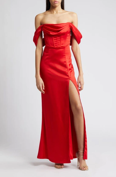 Lulus Exquisite Stunner Off The Shoulder Satin Gown In Red