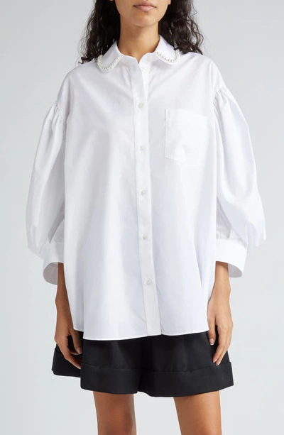 Simone Rocha Imitation Pearl Trim Oversize Cotton Poplin Button-up Shirt In White/ Pearl