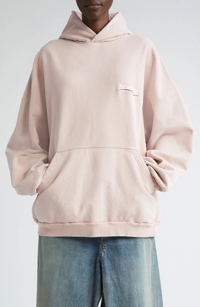 Balenciaga Political Campaign Embroidered Logo Oversize Cotton Hoodie In Light Pink/ White