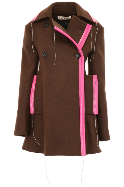Marni Bicolor Coat In Brown,fuchsia