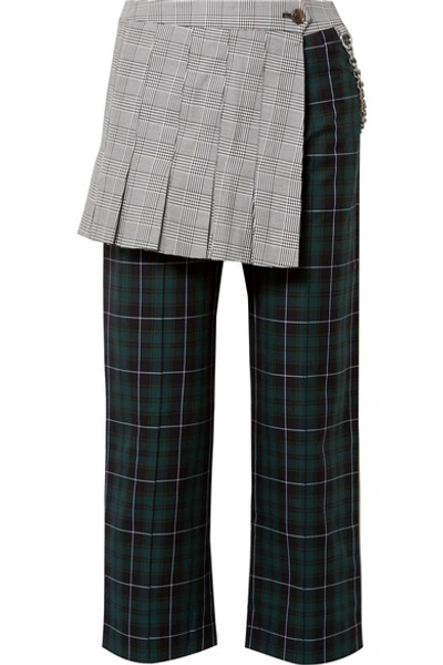 Sandy Liang Layered Checked Cotton-canvas Straight-leg Pants In Emerald