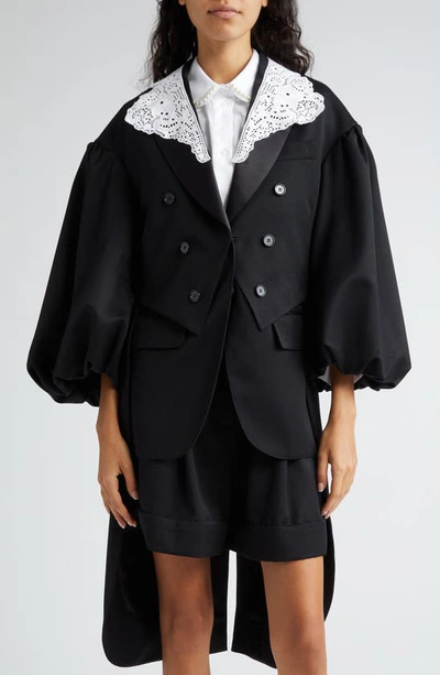 Simone Rocha Double Breasted Tailcoat With Eyelet Collar Overlay In Black/ White