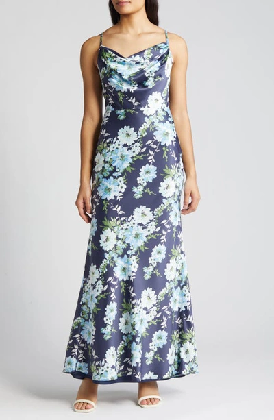 Vince Camuto Print Cowl Neck Satin Maxi Dress In Navy Multi