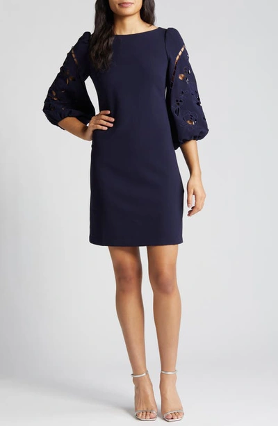 Vince Camuto Eyelet Sleeve Crepe Shift Dress In Navy