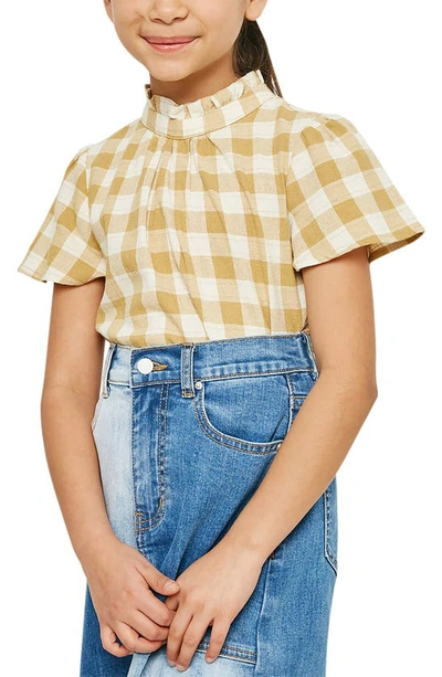 Hayden Girls Kids' Gingham Print Cotton Ruffle Mock Neck Top In Mustard