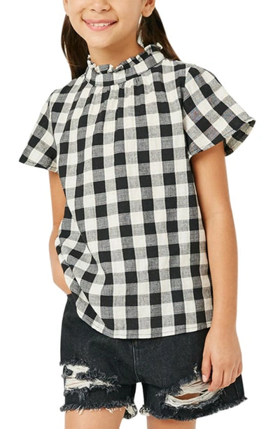 Hayden Girls Kids' Gingham Print Cotton Ruffle Mock Neck Top In White/ Black Check