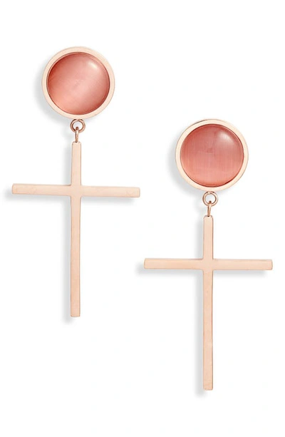 Knotty Semiprecious Stone Cross Earrings In Rose Gold/rose