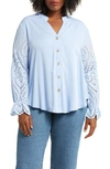 Forgotten Grace Embroidered Eyelet Long Sleeve Button-up Shirt In Denim