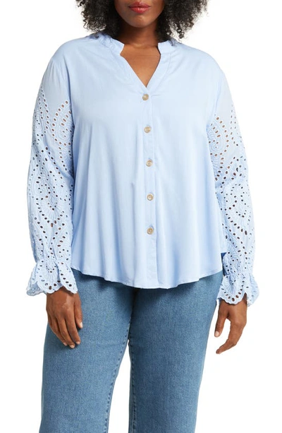 Forgotten Grace Embroidered Eyelet Long Sleeve Button-up Shirt In Denim
