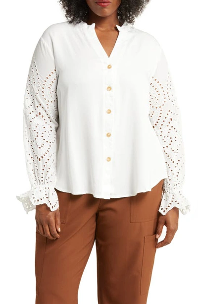 Forgotten Grace Embroidered Eyelet Long Sleeve Button-up Shirt In White