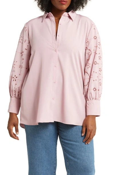 Forgotten Grace Embroidered Eyelet Long Sleeve Button-up Shirt In Blush