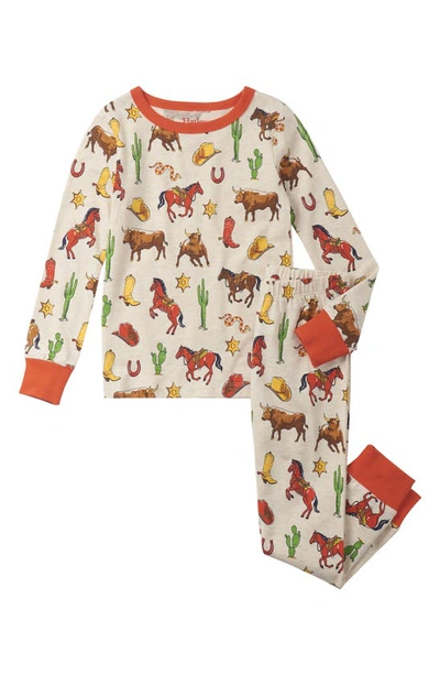 Hatley Kids' Cowboy Print Organic Cotton Fitted Two-piece Pajamas In Grey/ Red Multi