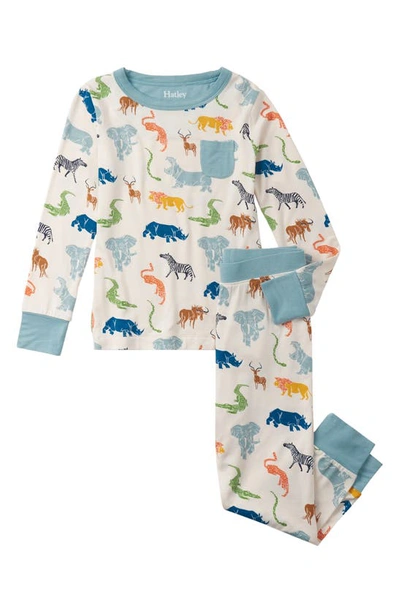 Hatley Kids' Wild Animal Print Fitted Two-piece Pajamas In Blue/ Orange Multi