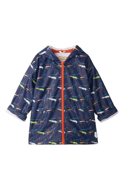 Hatley Kids' Sharks Colour Changing Hooded Waterproof Raincoat In Blue