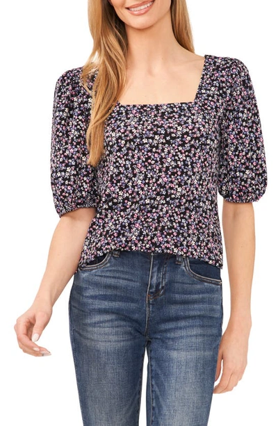 Cece Floral Puff Sleeve Square Neck Top In Rich Black