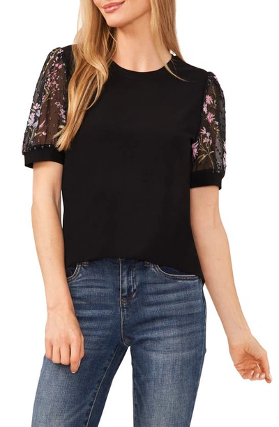 Cece Mixed Media Clip Dot Floral Top In Rich Black