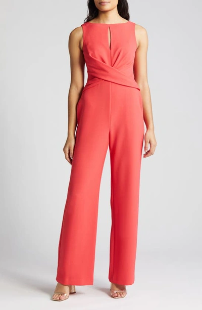 Vince Camuto Cross Front Keyhole Wide Leg Crepe Jumpsuit In Hot Coral
