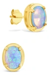 Sterling Forever Blue Lab Created Opal Oval Stud Earrings In Gold
