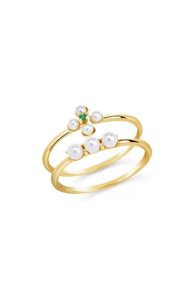 Sterling Forever Cara Set Of 2 Imitation Pearl & Cubic Zirconia Stackable Rings In Gold