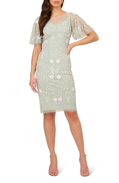 Adrianna Papell Floral Beaded Sheath Dress In Icy Sage,ivory