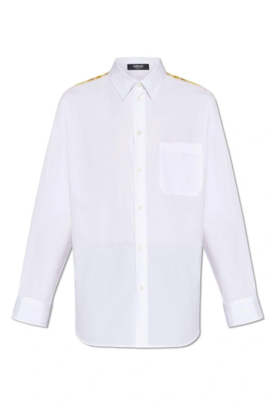Versace Barocco-panelled Button-up Shirt In Beige