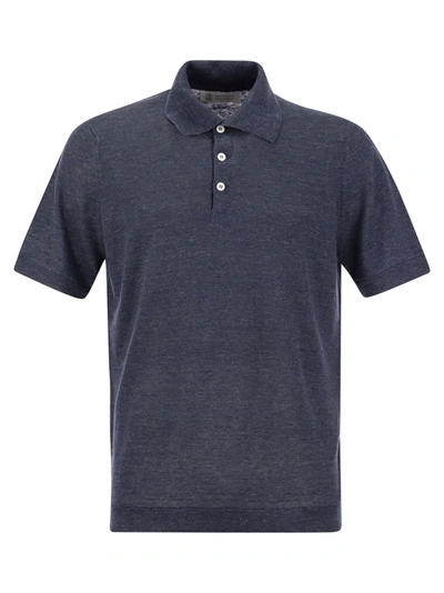 Brunello Cucinelli Linen And Cotton Knit Polo Shirt In Blue