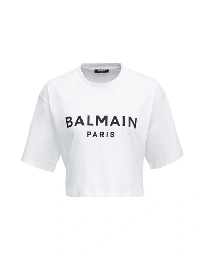 Balmain Printed Cropped T-shirt In Gab Blanc Noir