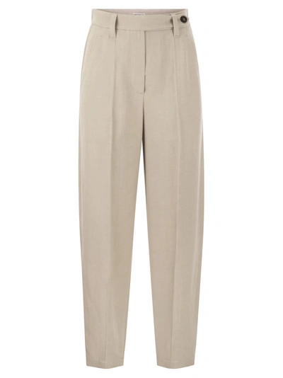 Brunello Cucinelli Curved Viscose And Linen Trousers In Sand