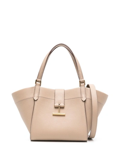 Tom Ford Grain Leather Small Tote In Silk Taupe