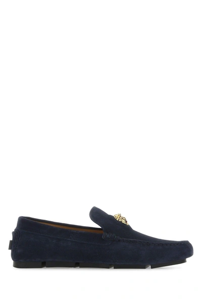 Versace Navy Blue Suede Driver Loafers In V Navy+ Gold