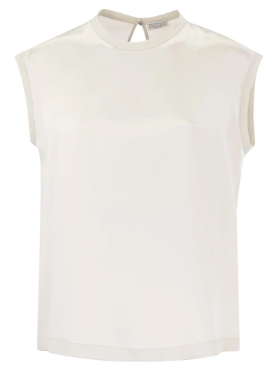 Brunello Cucinelli Silk T-shirt With Monili Details In White