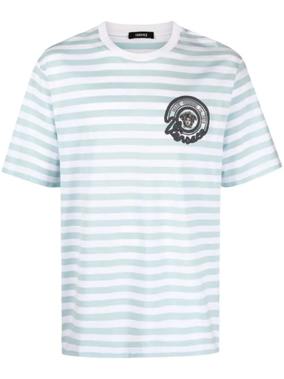 Versace T-shirt Striped Jersey Fabric + Embroidered Nautical Emblem In White Pale Blue