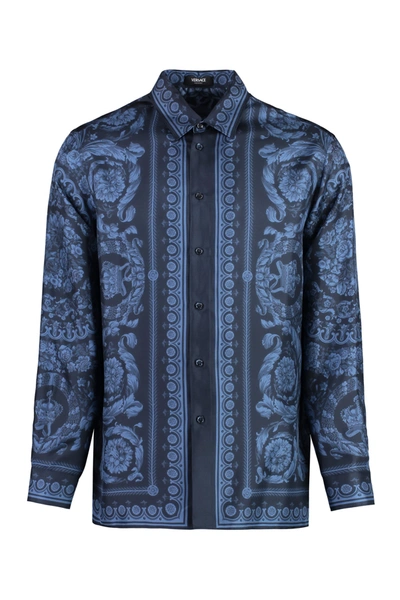 Versace Printed Silk Shirt In Navy Blue (blue)
