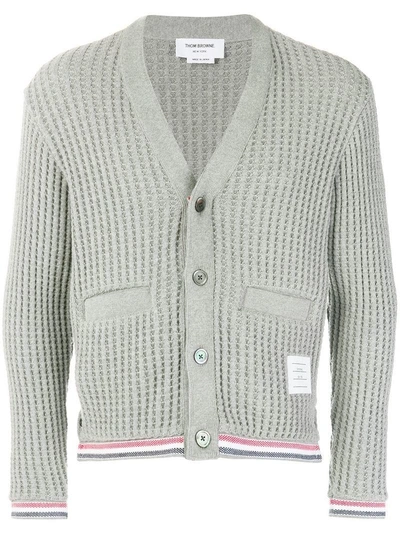 Thom Browne Oxford Stripe Chunky Waffle Knit V-neck Cardigan - Grau In Grey