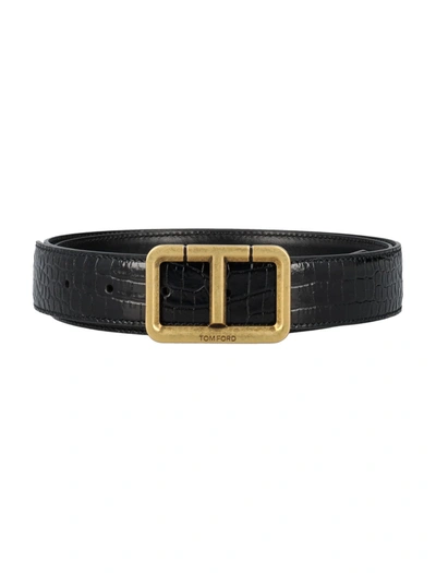 Tom Ford Glossy Printed Croc Scored T Belt In Black